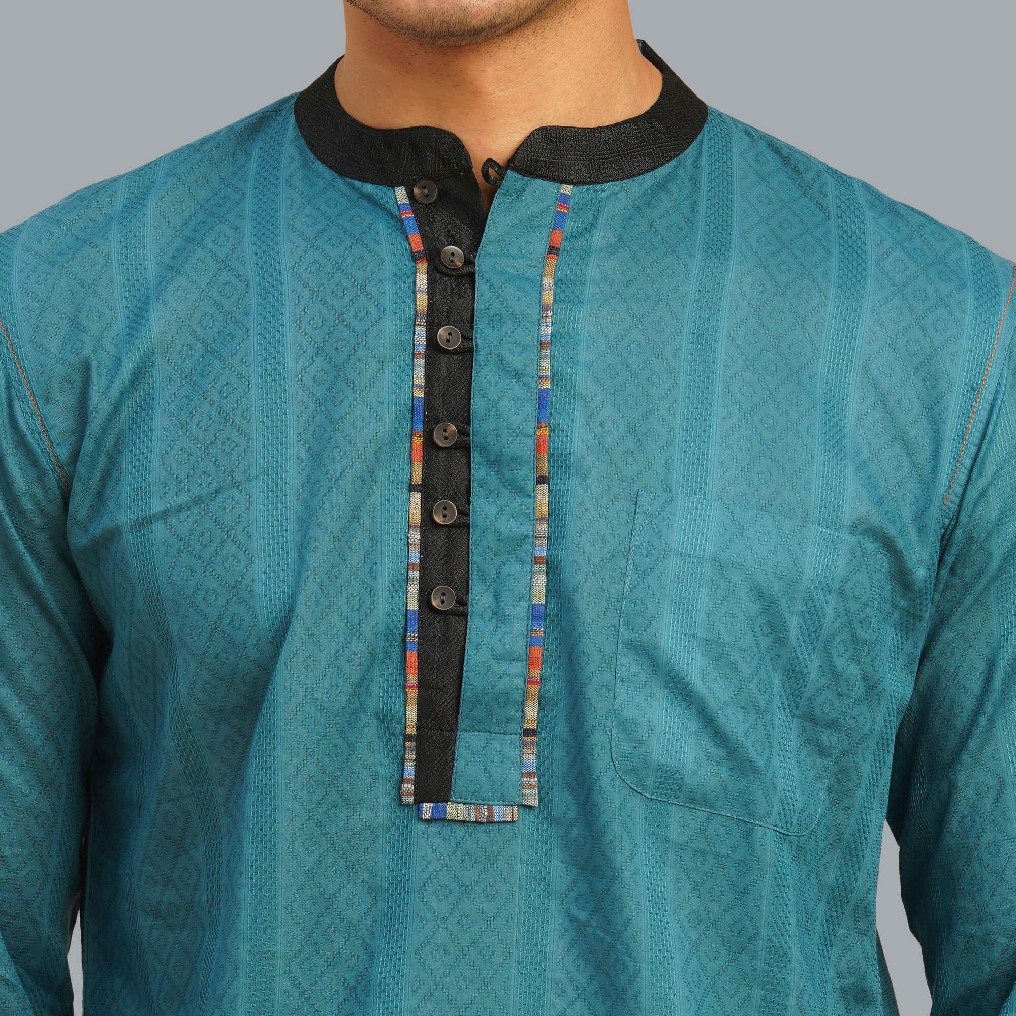 Jade green color poly cotton jacquard men short kurta - Image 4
