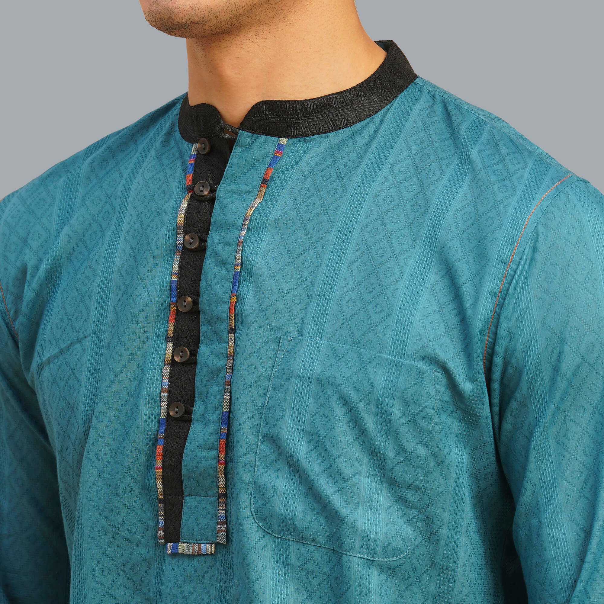 Jade green color poly cotton jacquard men short kurta - Image 5