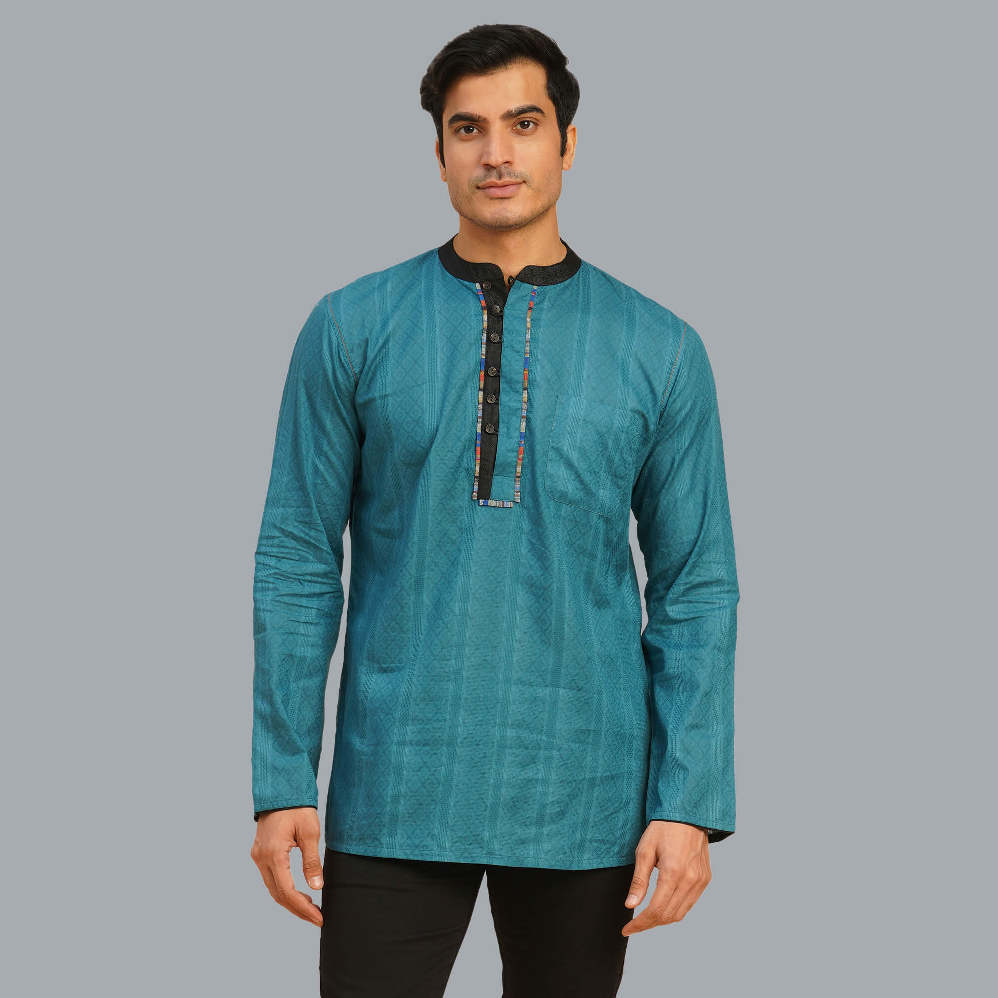 Jade green color poly cotton jacquard men short kurta - Image 2