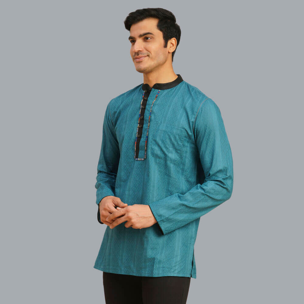 Jade green color poly cotton jacquard men short kurta - Image 6