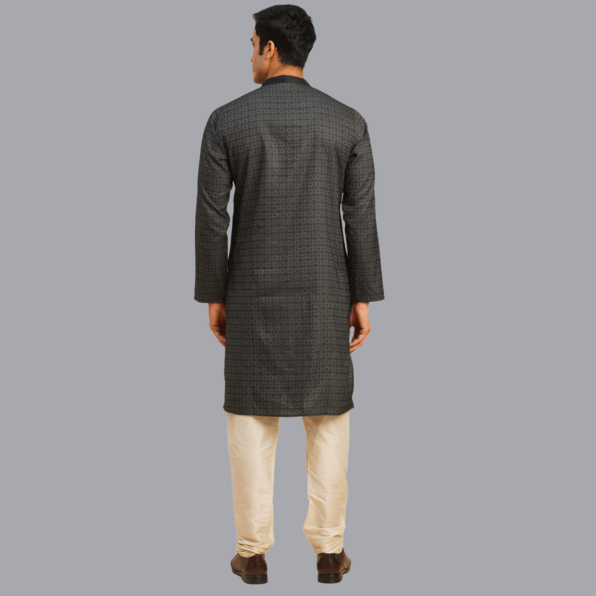 Black color Banarsi jacquard weave men long kurta - Image 3