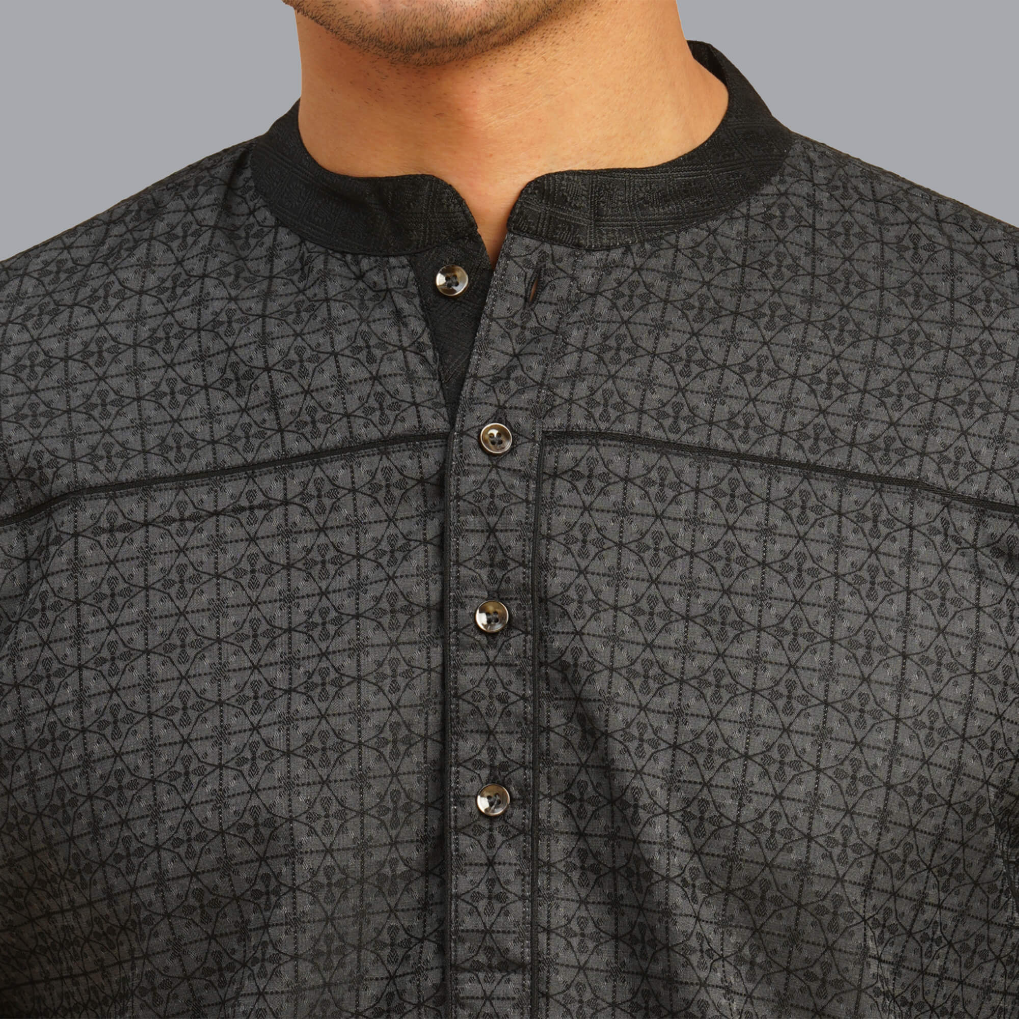 Black color Banarsi jacquard weave men long kurta - Image 4