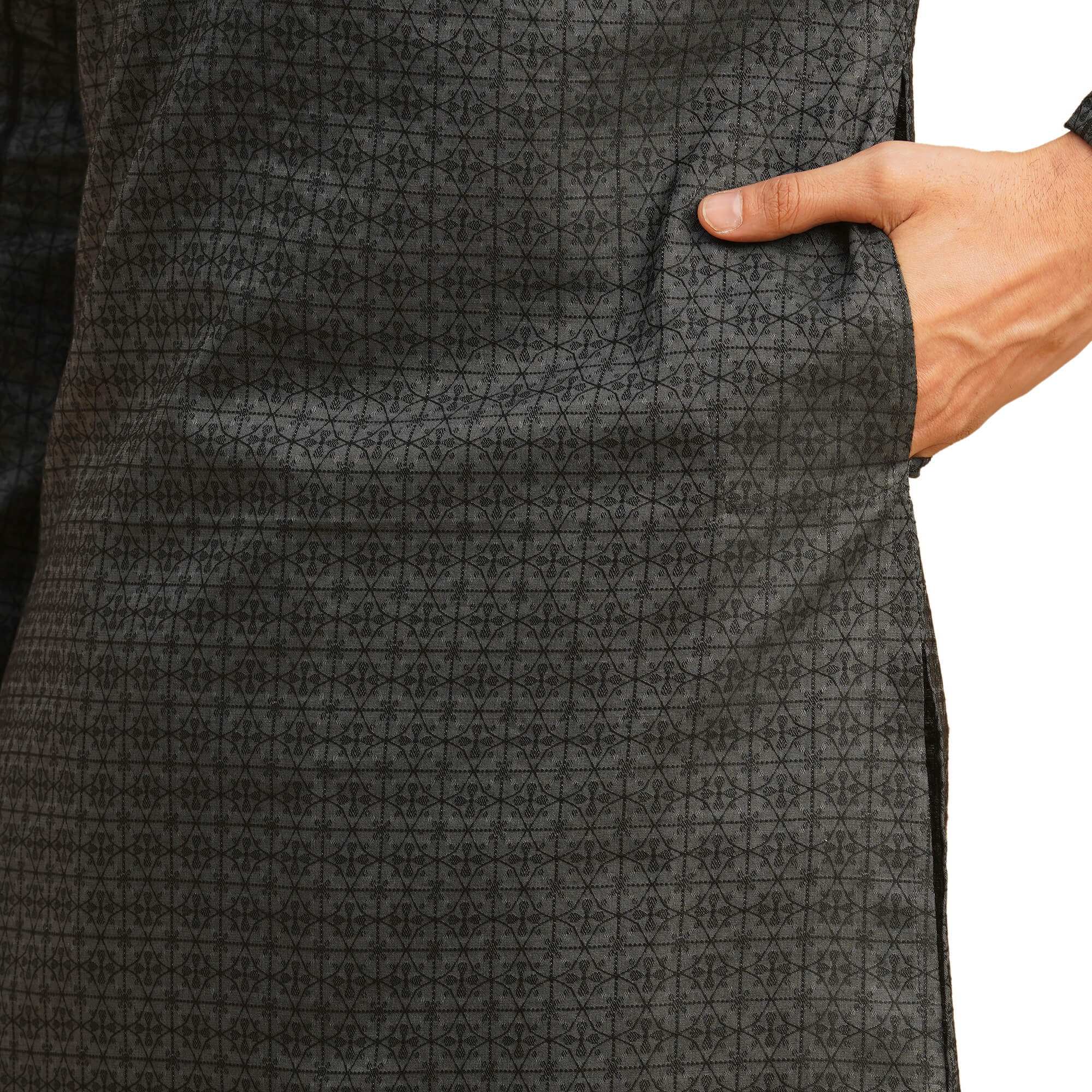 Black color Banarsi jacquard weave men long kurta - Image 5
