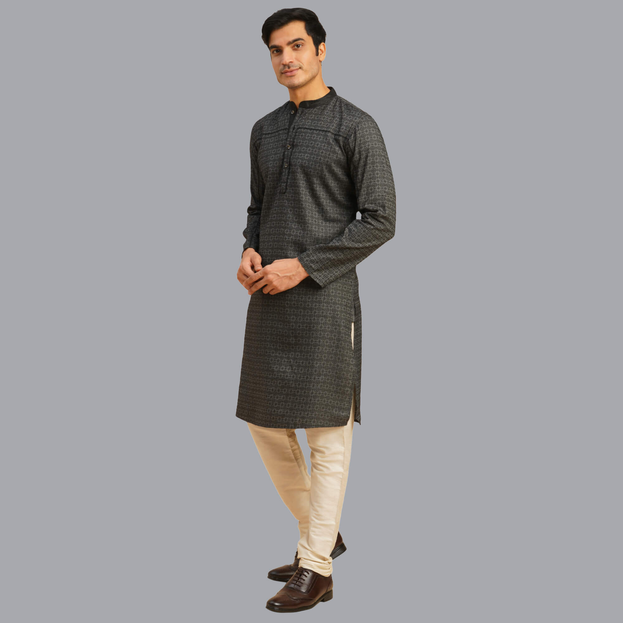 Black color Banarsi jacquard weave men long kurta - Image 6