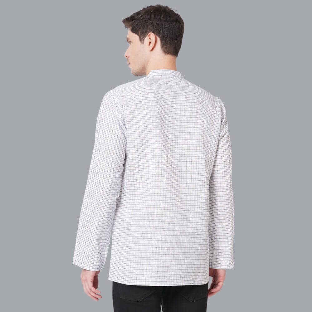 White cotton handloom blue & black broken checks men short kurta - Image 2