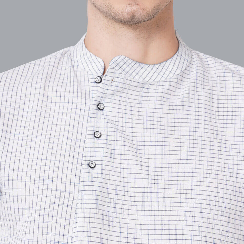 White cotton handloom blue & black broken checks men short kurta - Image 4
