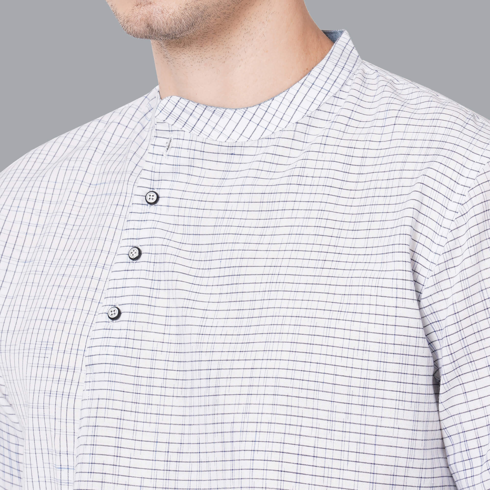 White cotton handloom blue & black broken checks men short kurta - Image 5