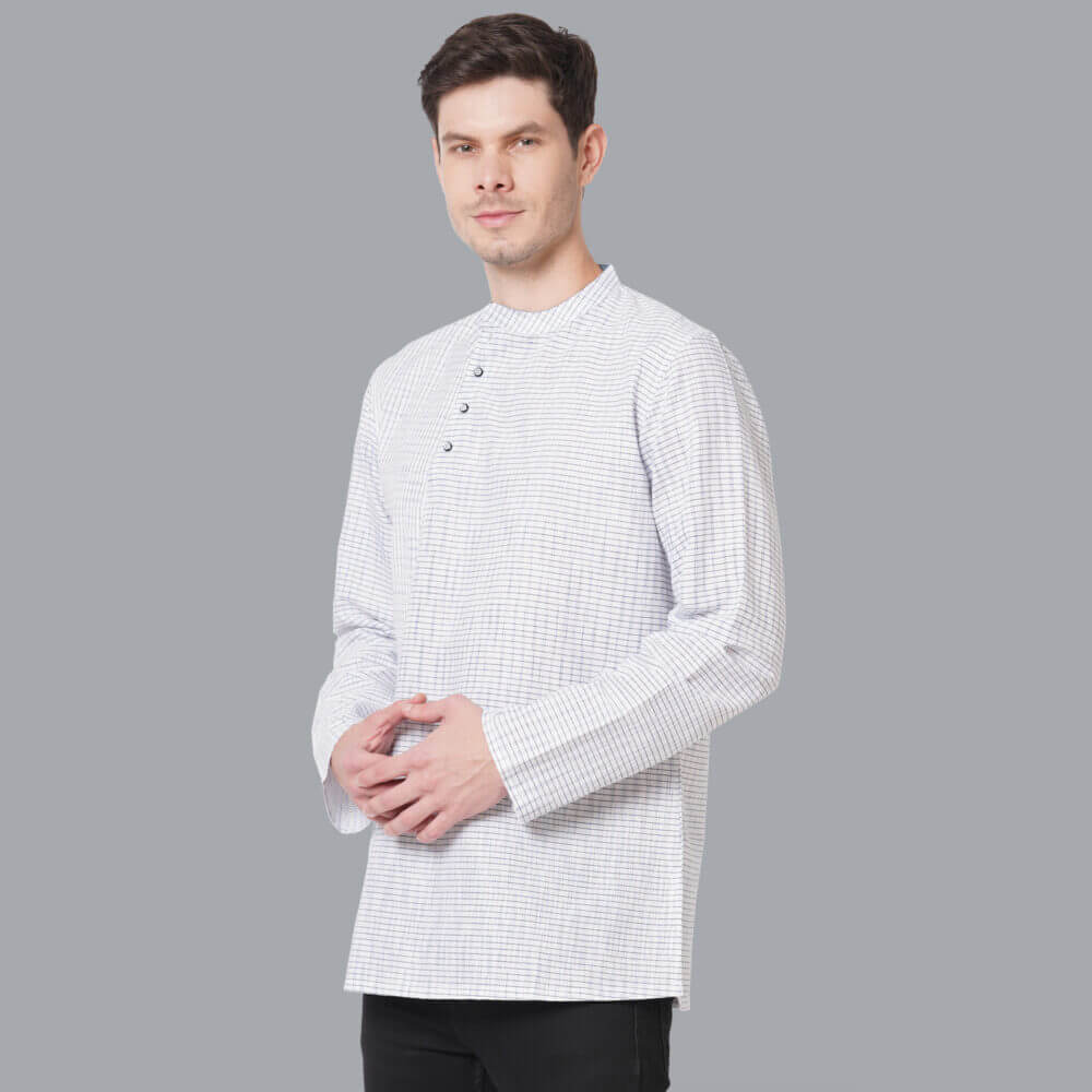 White cotton handloom blue & black broken checks men short kurta - Image 6