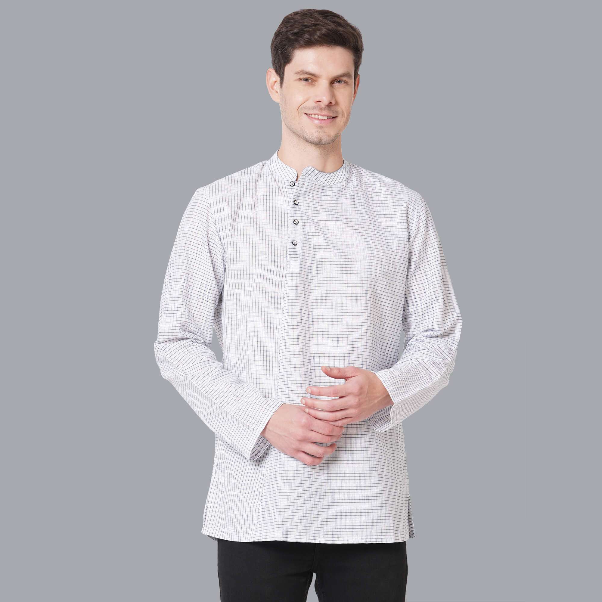 White cotton handloom blue & black broken checks men short kurta