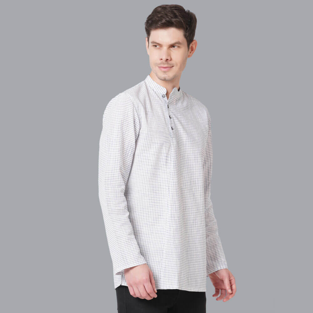 White cotton handloom blue & black broken checks men short kurta - Image 3