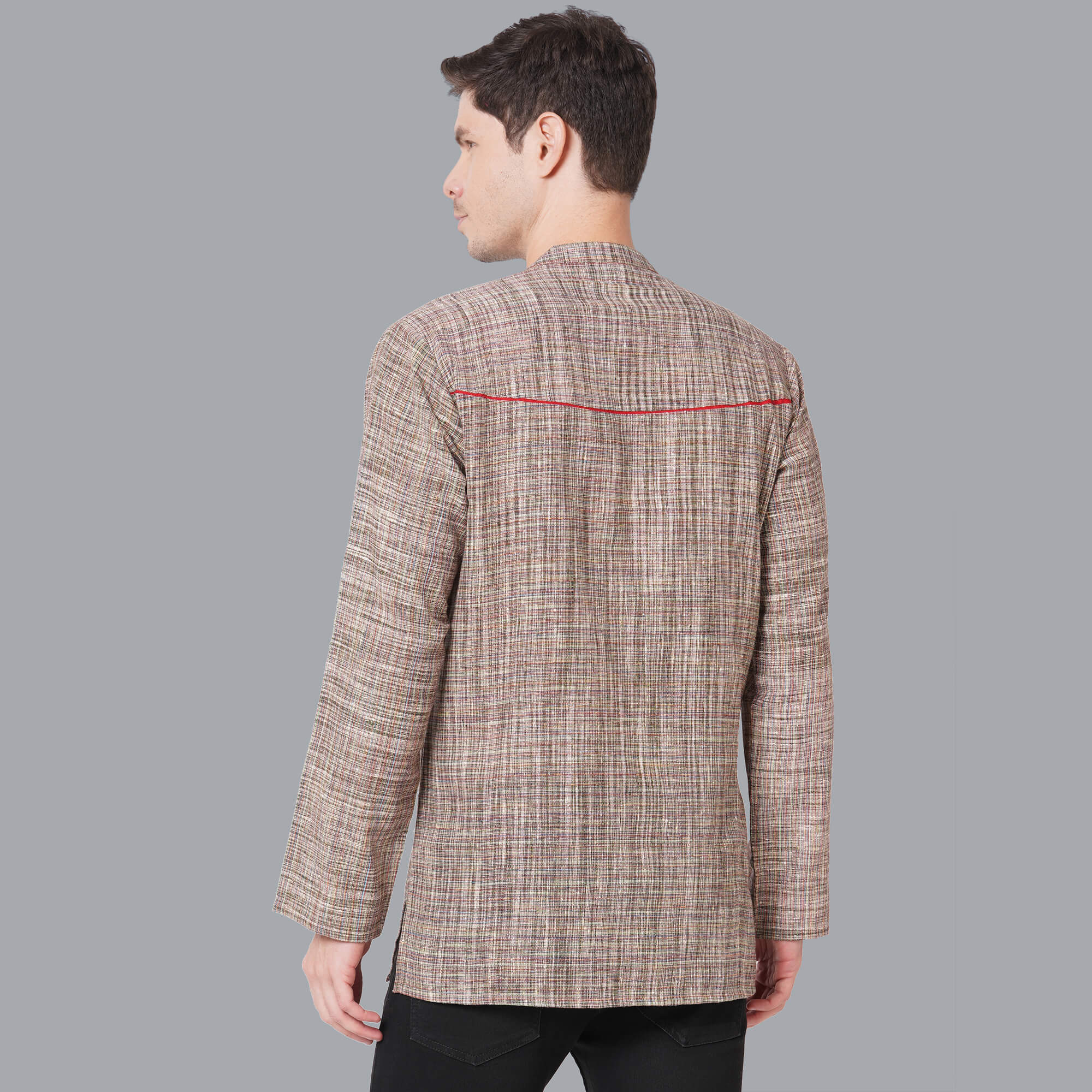 Green cotton handloom multicolor threads textured men short kurta - Image 2