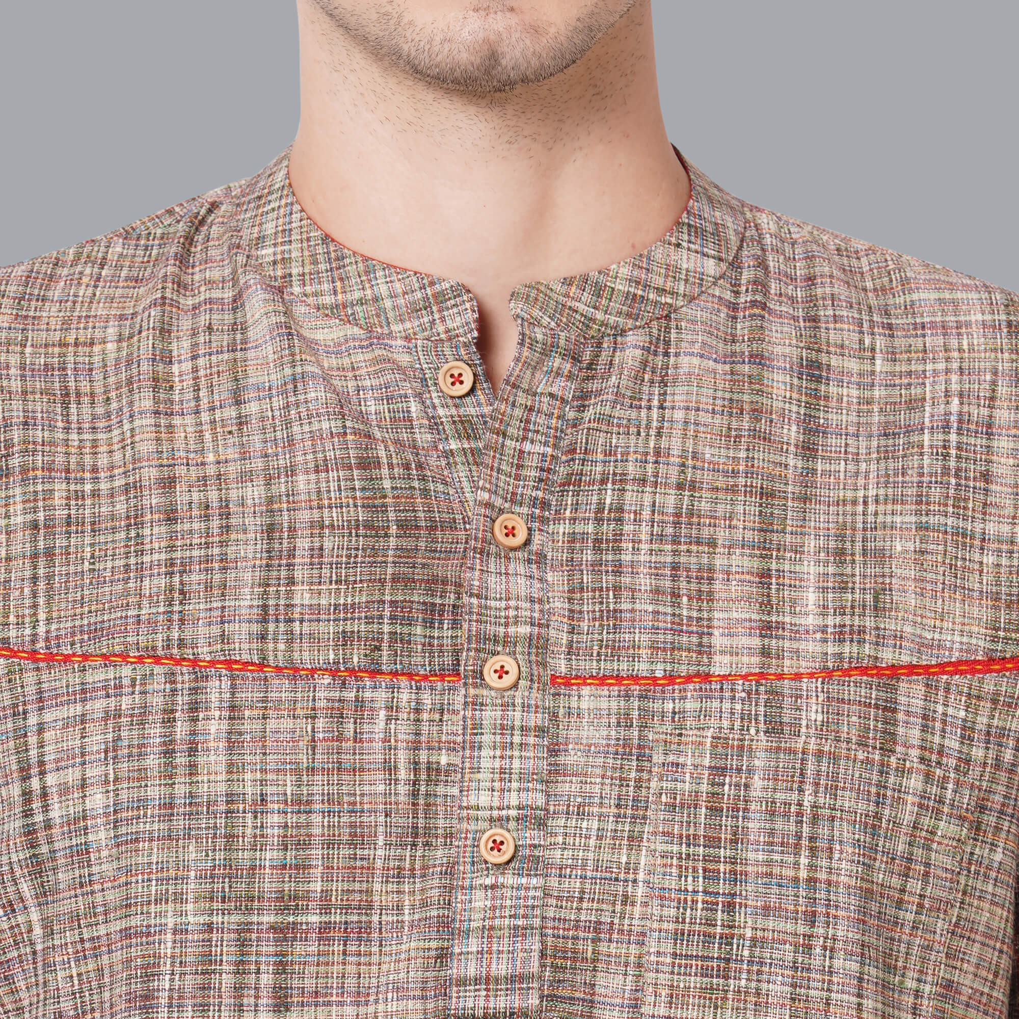 Green cotton handloom multicolor threads textured men short kurta - Image 3