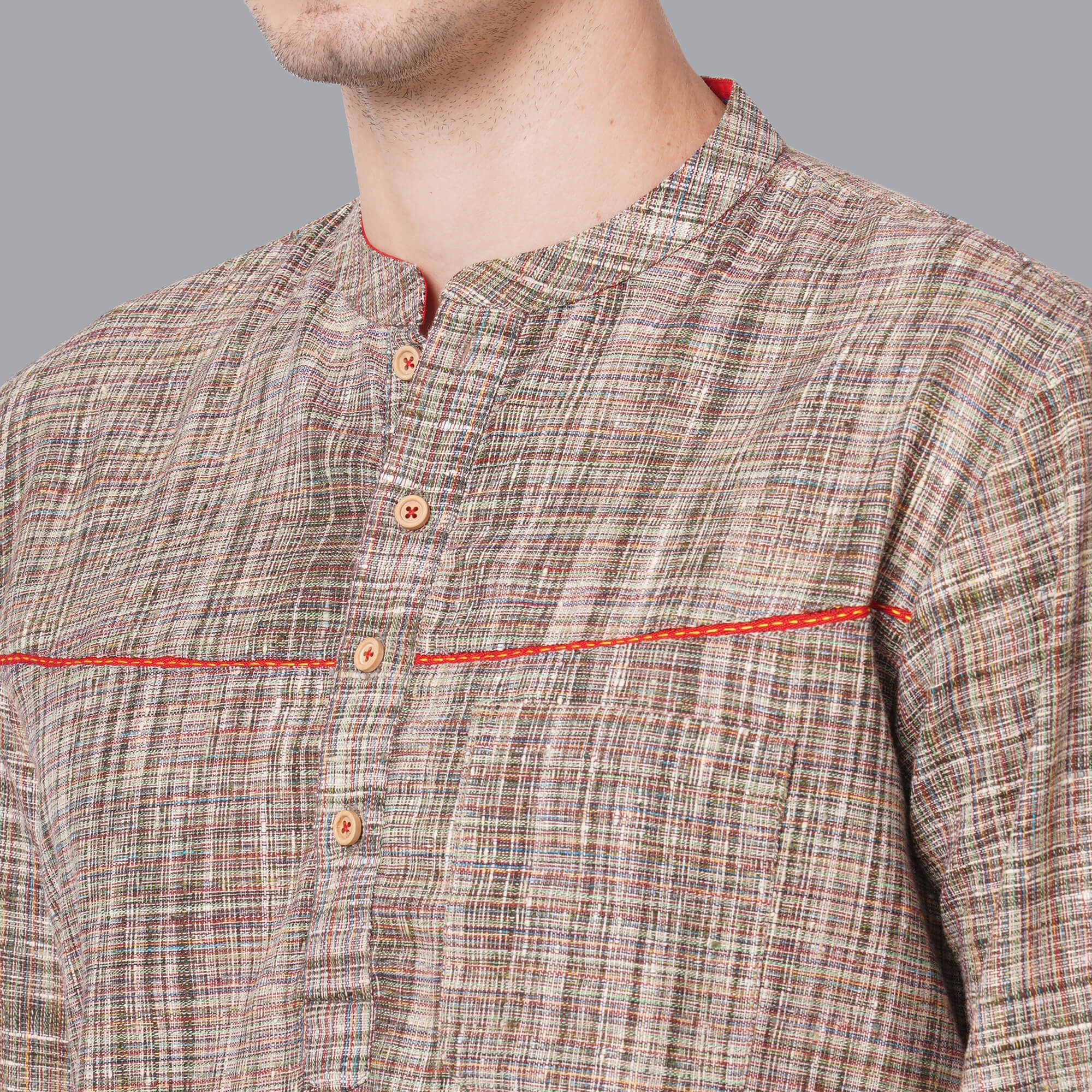 Green cotton handloom multicolor threads textured men short kurta - Image 4