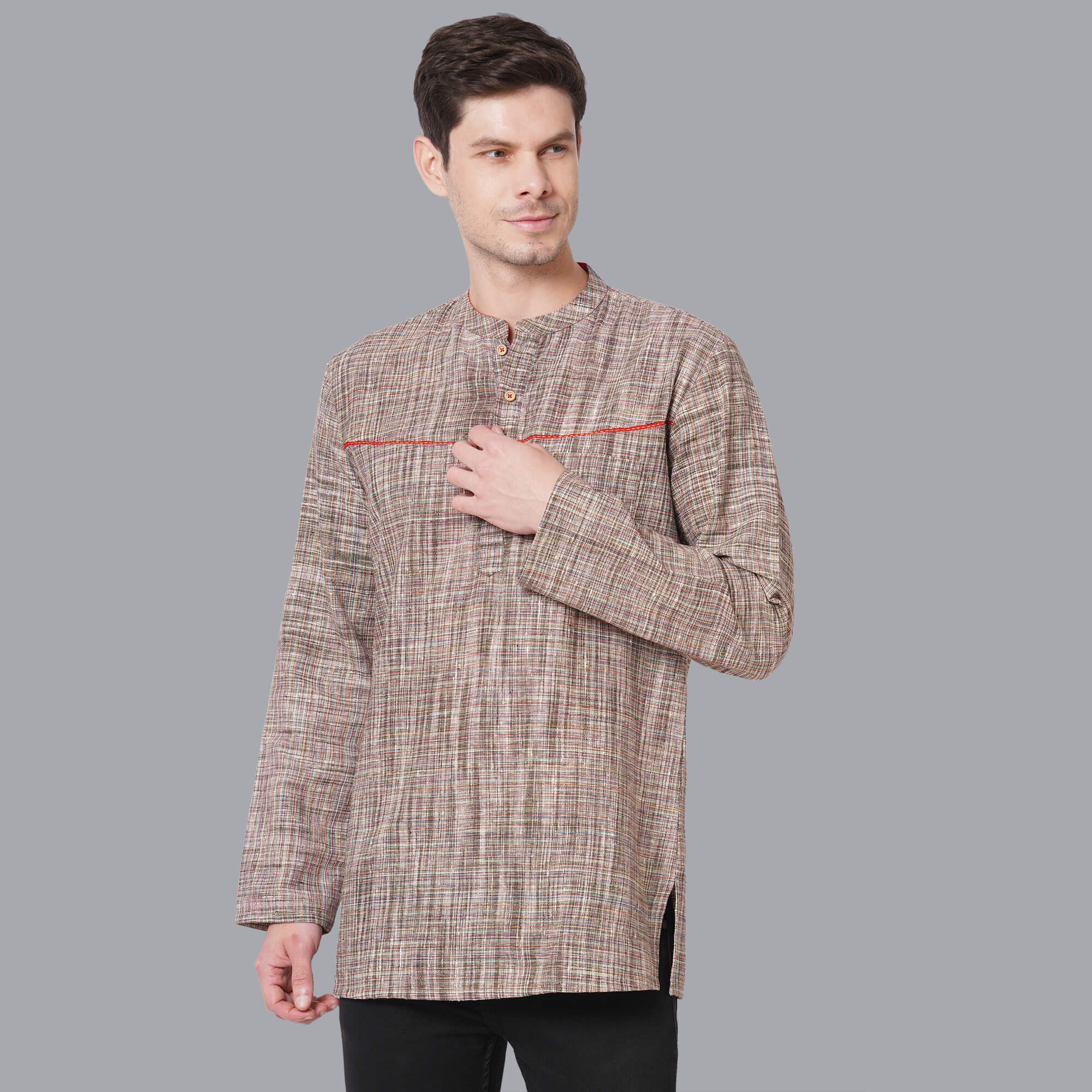 Green cotton handloom multicolor threads textured men short kurta - Image 5