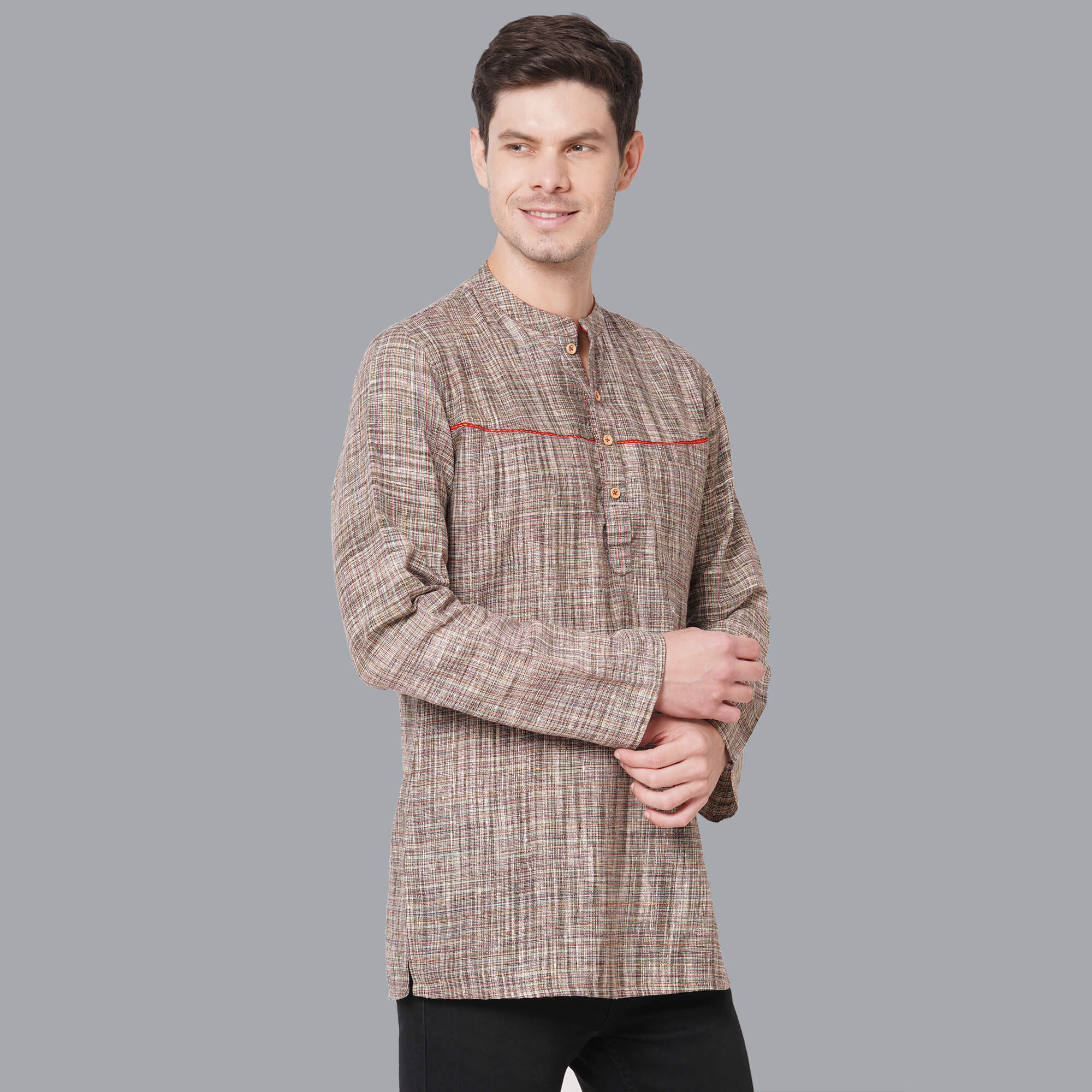 Green cotton handloom multicolor threads textured men short kurta - Image 6