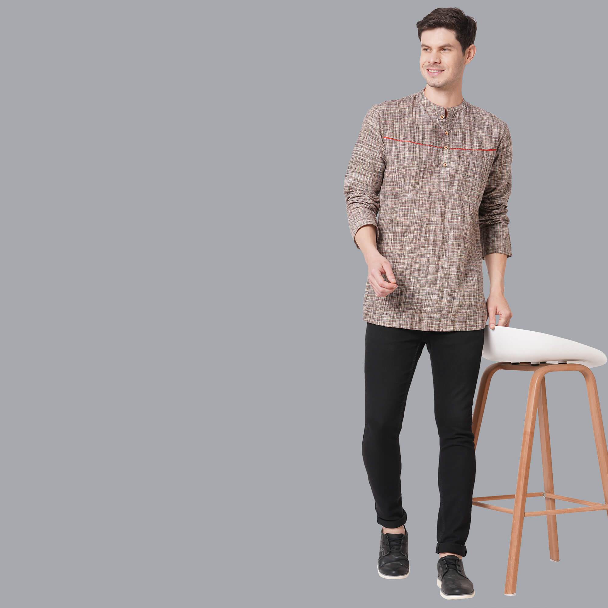 Green cotton handloom multicolor threads textured men short kurta