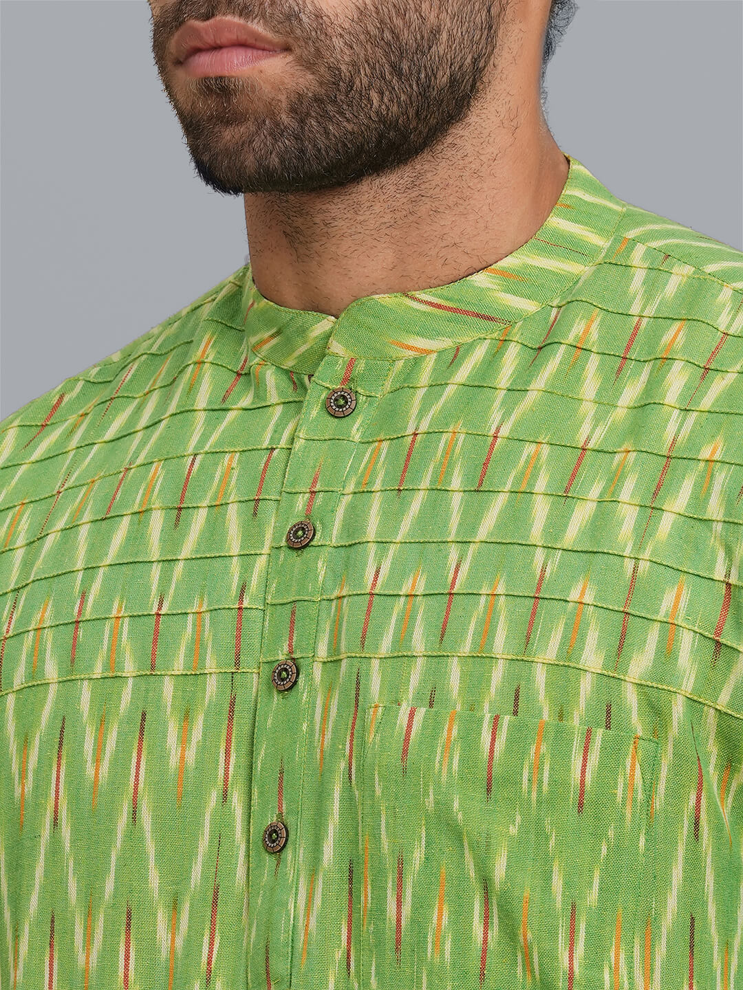 Green color Ikkat cotton handloom pintuck men short kurta - Image 6