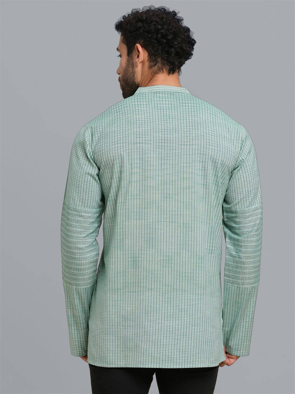 Green color poly cotton white broken checks hand block printed men short kurta - Image 6