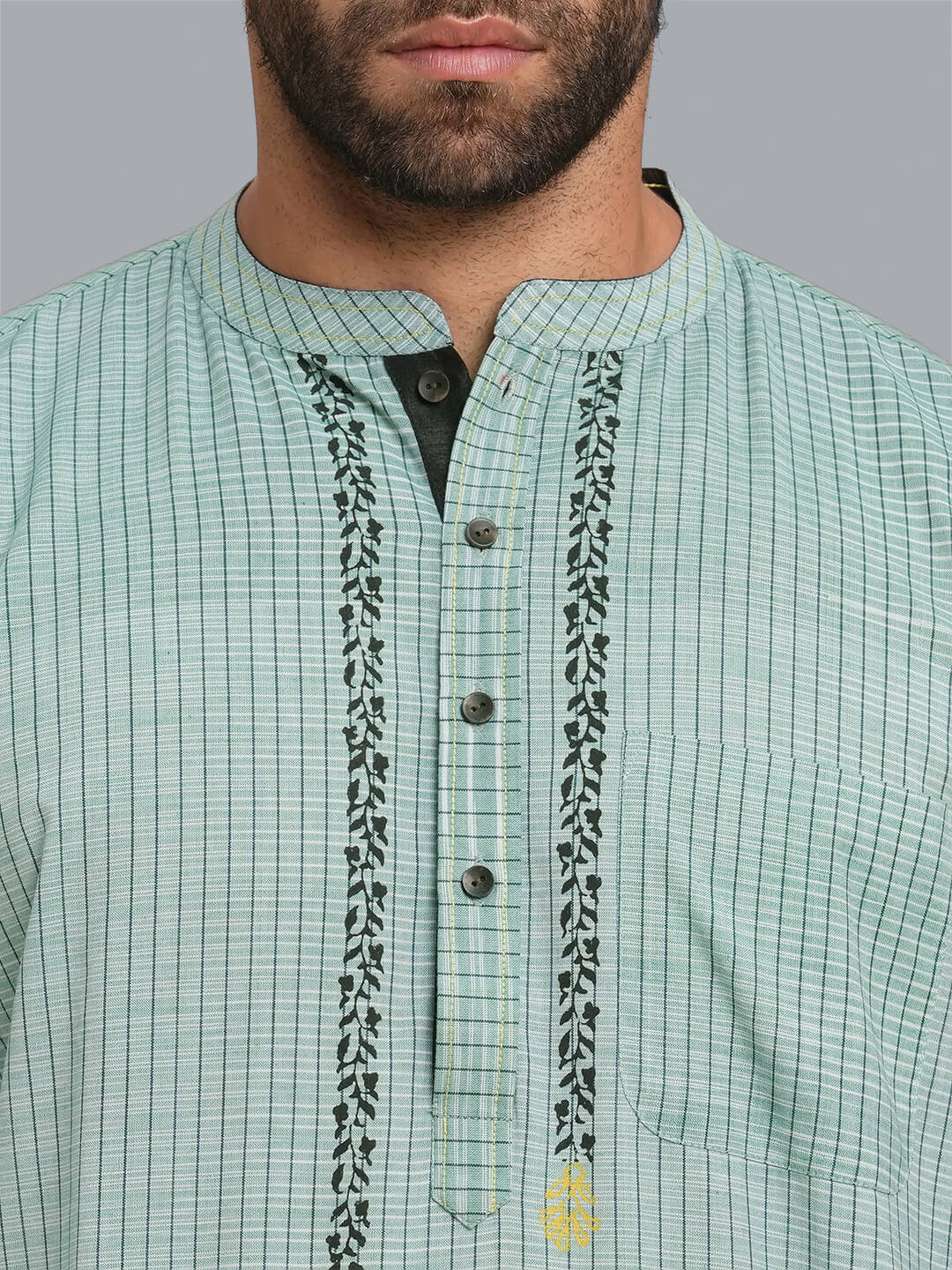 Green color poly cotton white broken checks hand block printed men short kurta - Image 5