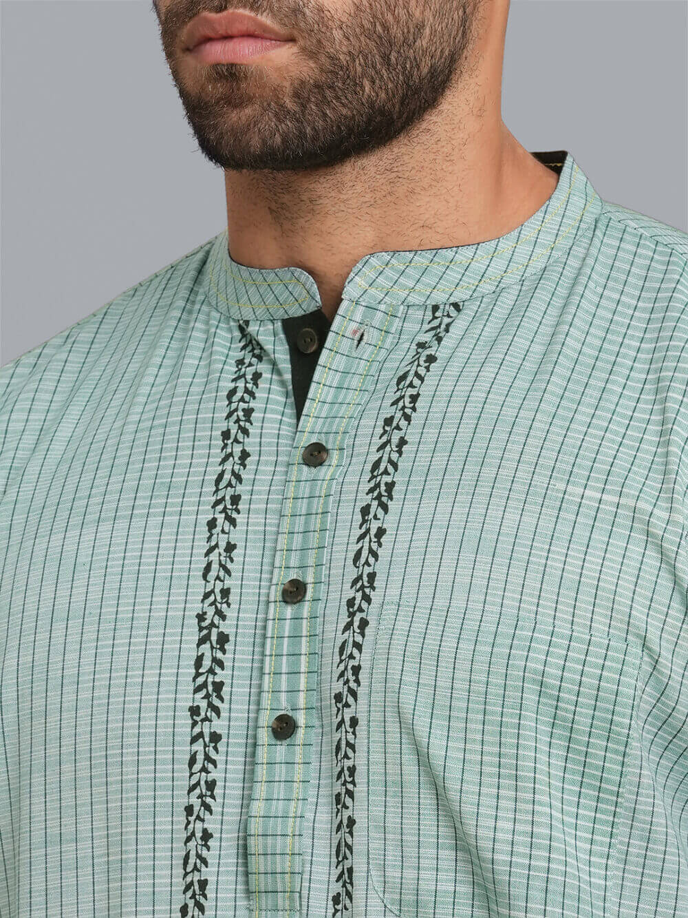 Green color poly cotton white broken checks hand block printed men short kurta - Image 4