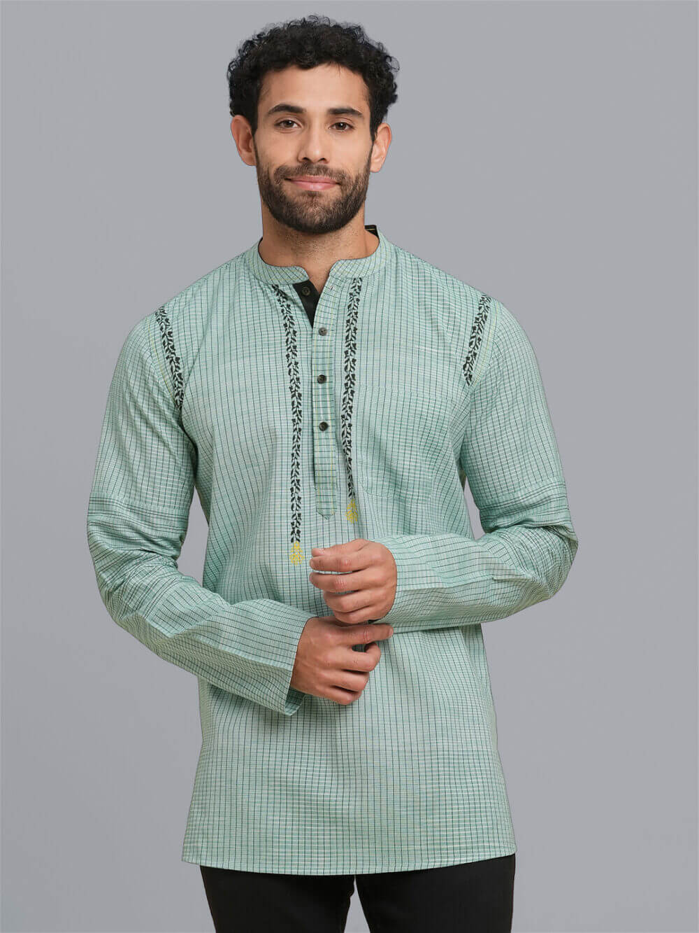 Green color poly cotton white broken checks hand block printed men short kurta - Image 2