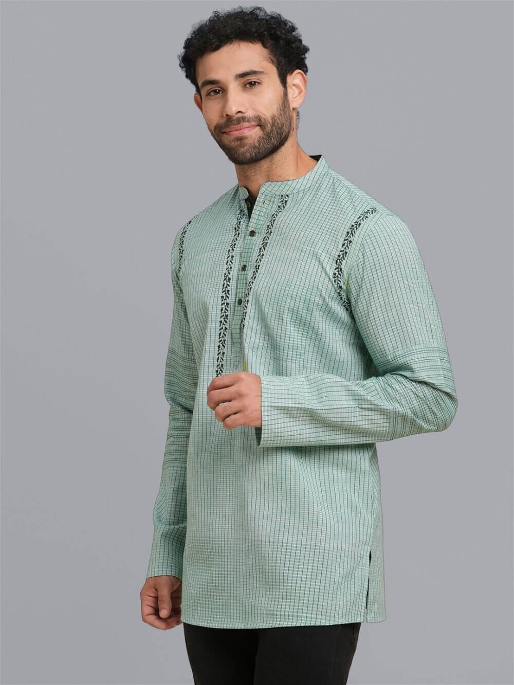 Green color poly cotton white broken checks hand block printed men short kurta - Image 3