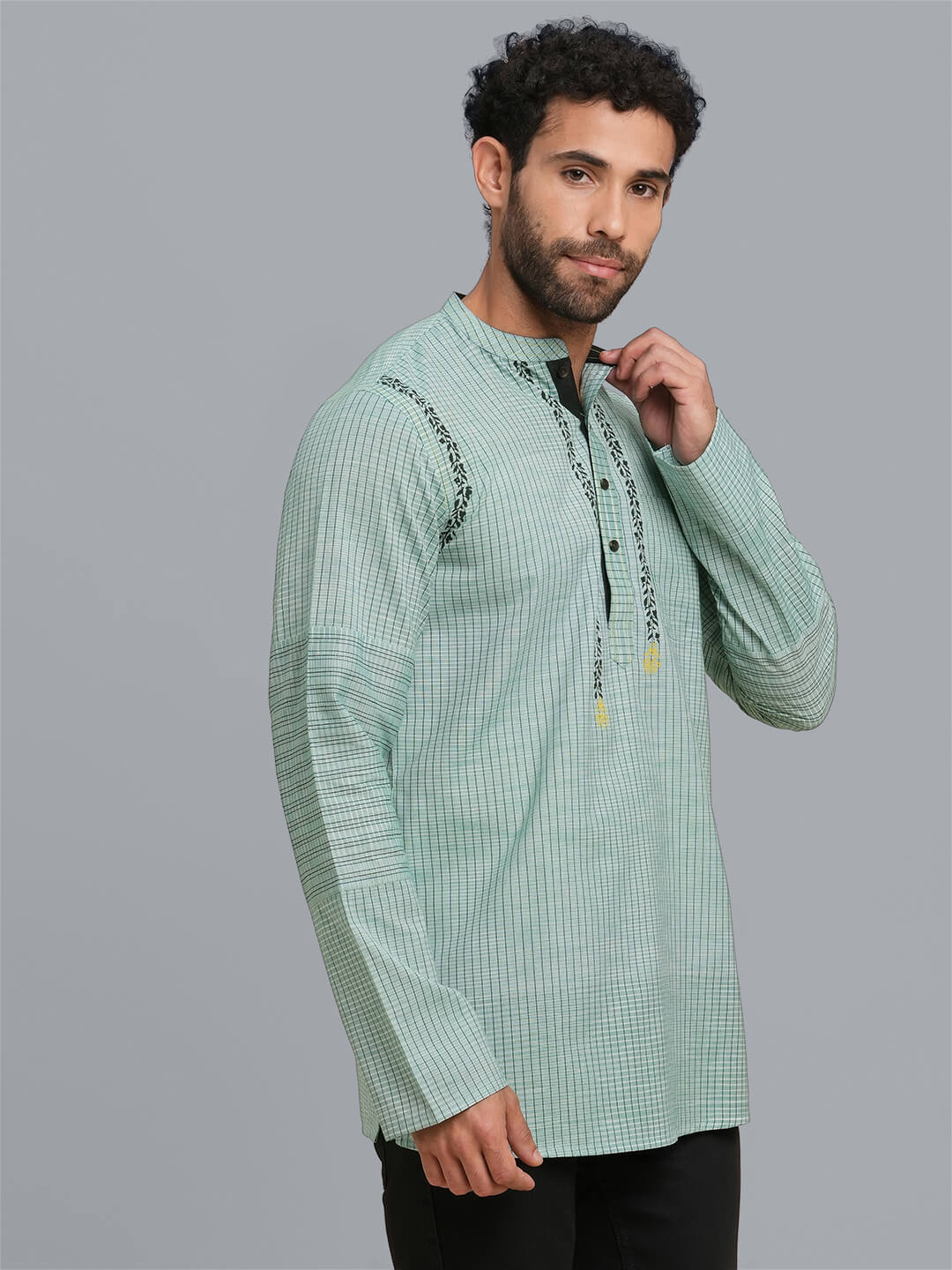 Green color poly cotton white broken checks hand block printed men short kurta - Image 7