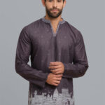 Burgundy color poly cotton digital printed Banaras view men short kurta