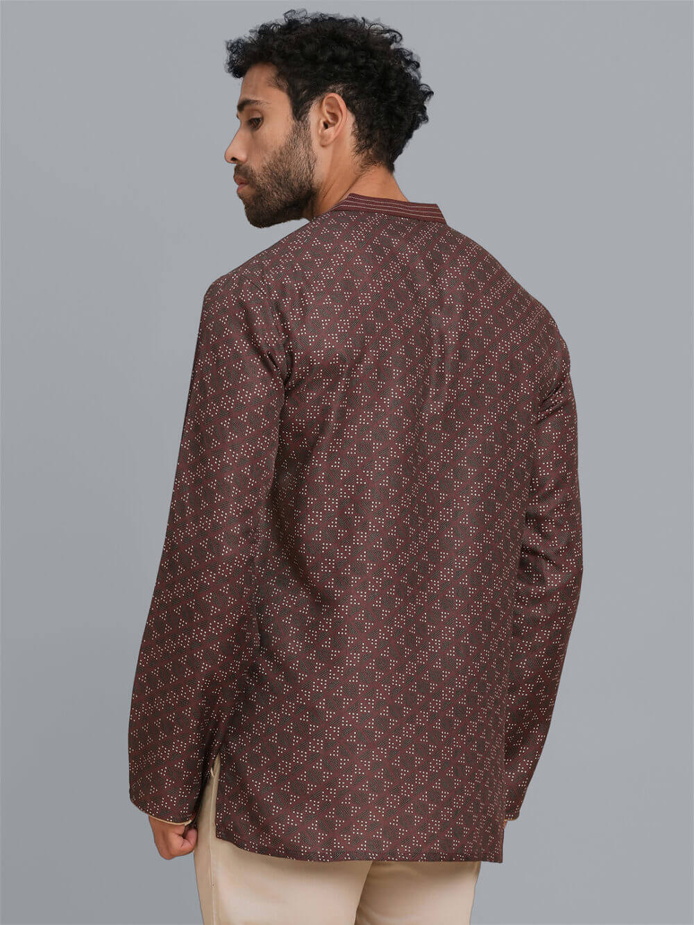 Dark brown color poly cotton digital printed men short kurta - Image 3