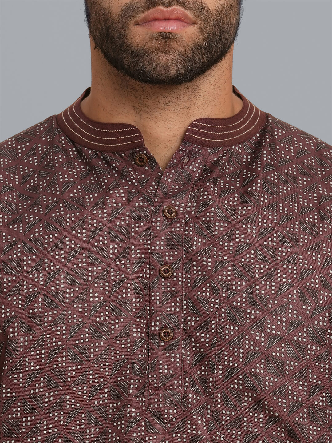 Dark brown color poly cotton digital printed men short kurta - Image 4