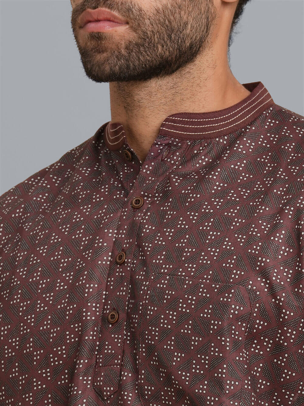 Dark brown color poly cotton digital printed men short kurta - Image 6