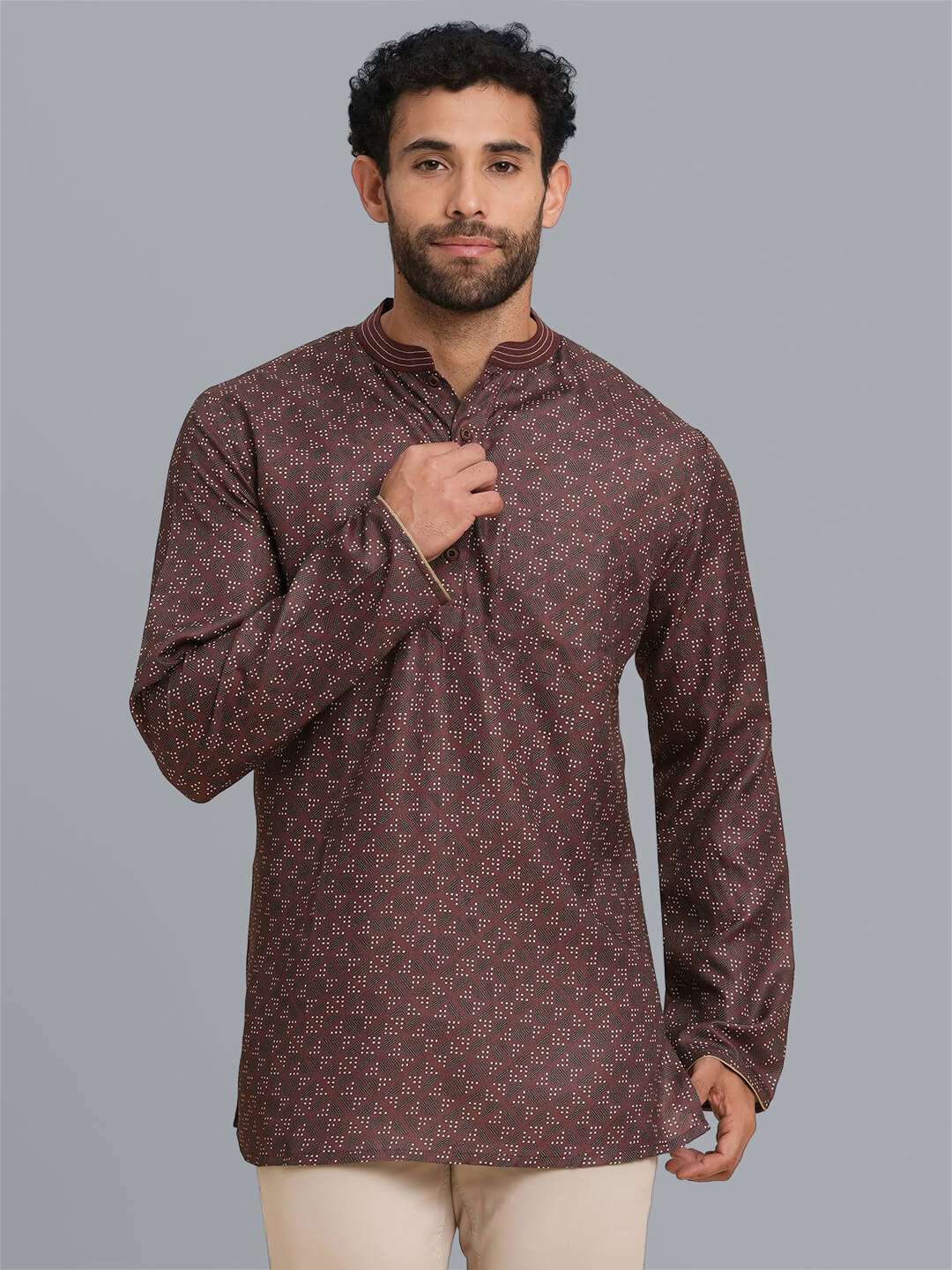 Dark brown color poly cotton digital printed men short kurta