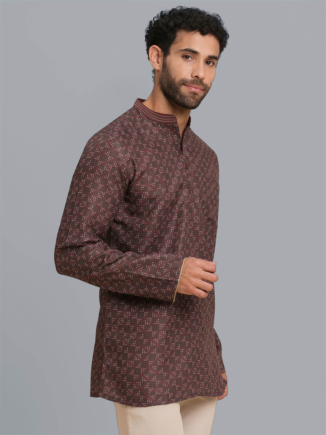 Dark brown color poly cotton digital printed men short kurta - Image 2