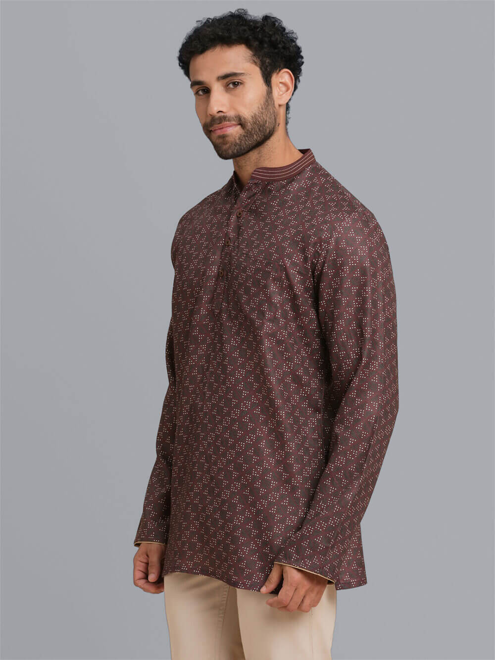 Dark brown color poly cotton digital printed men short kurta - Image 5