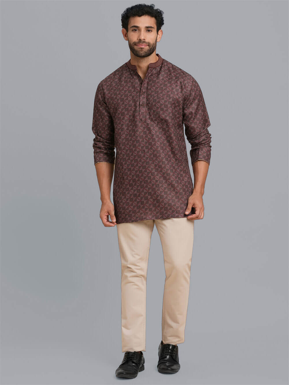 Dark brown color poly cotton digital printed men short kurta - Image 7