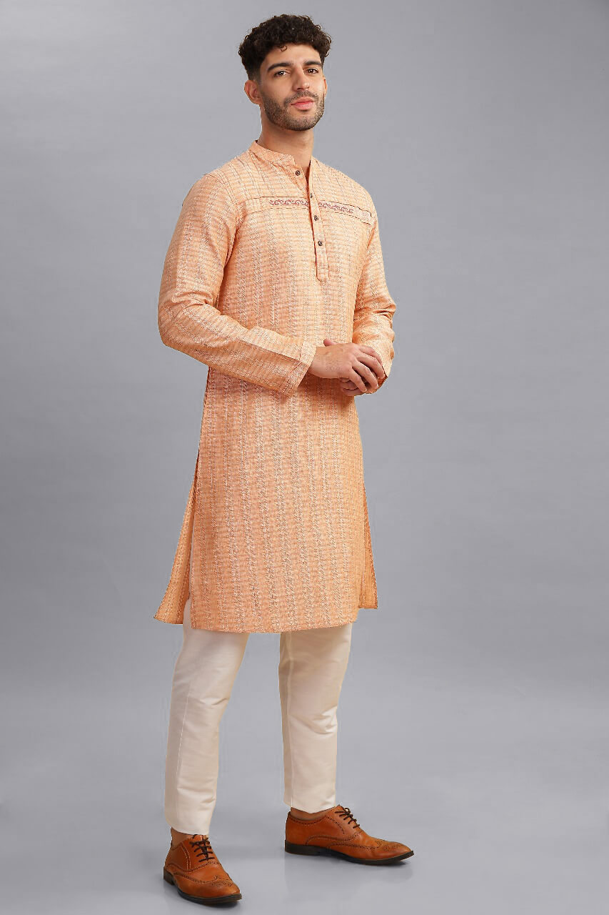 Peach color poly cot jacquard weave, embroidery men long kurta - Image 2