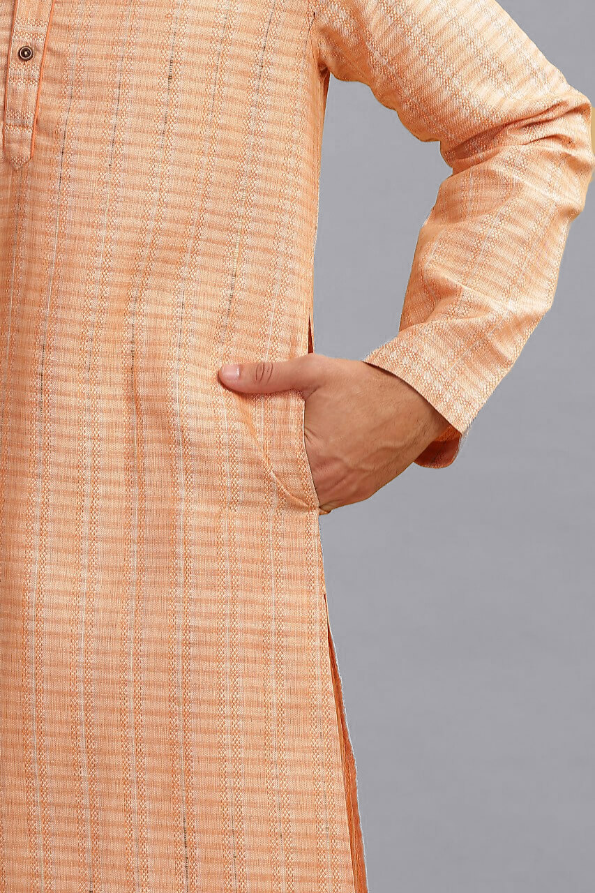 Peach color poly cot jacquard weave, embroidery men long kurta - Image 3