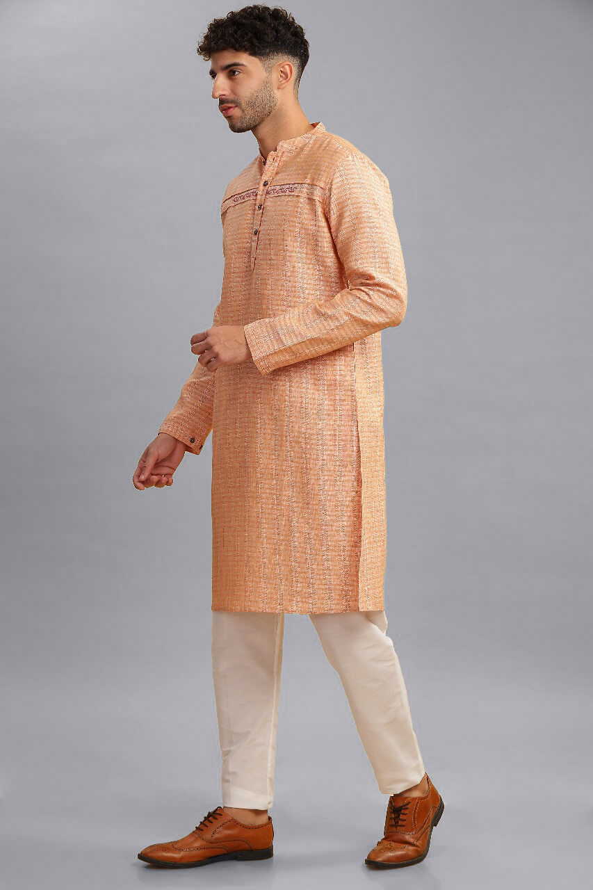 Peach color poly cot jacquard weave, embroidery men long kurta - Image 4
