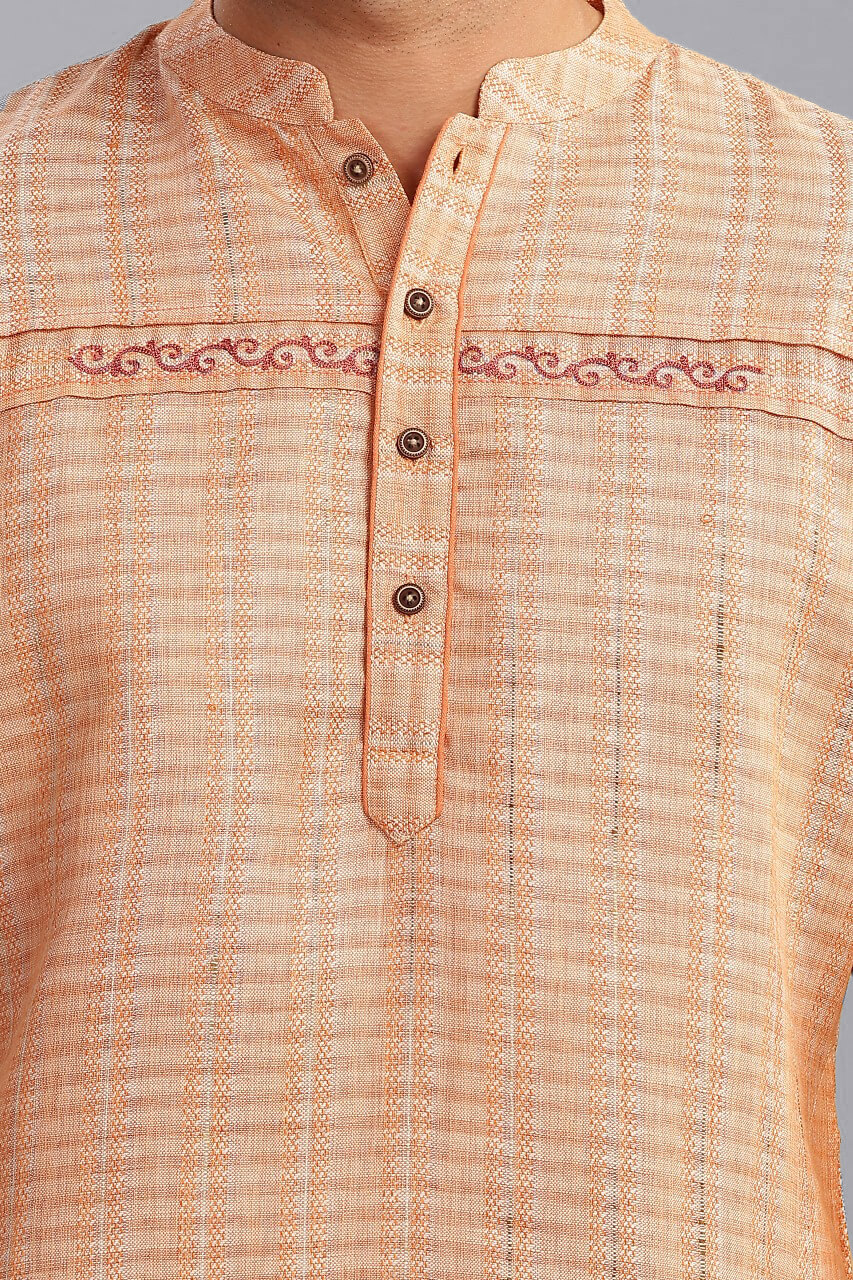 Peach color poly cot jacquard weave, embroidery men long kurta - Image 5