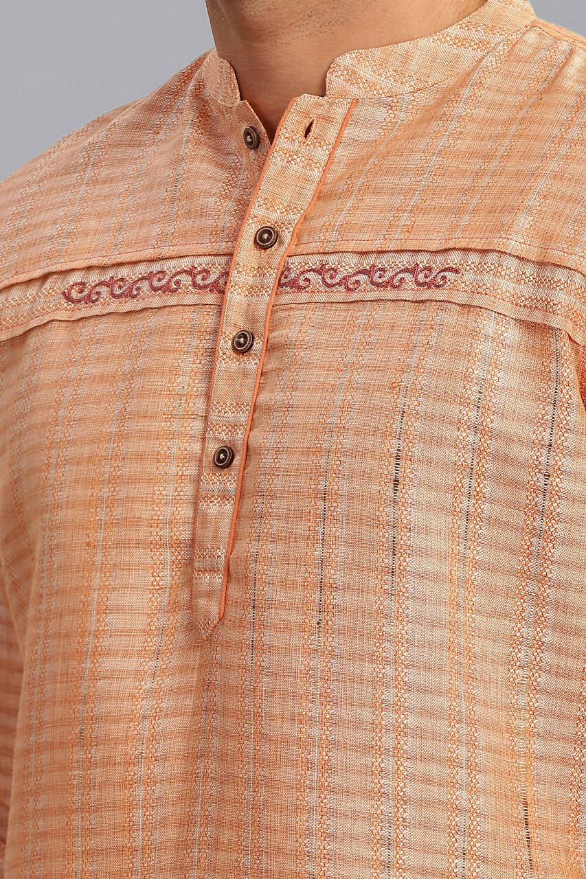 Peach color poly cot jacquard weave, embroidery men long kurta - Image 7
