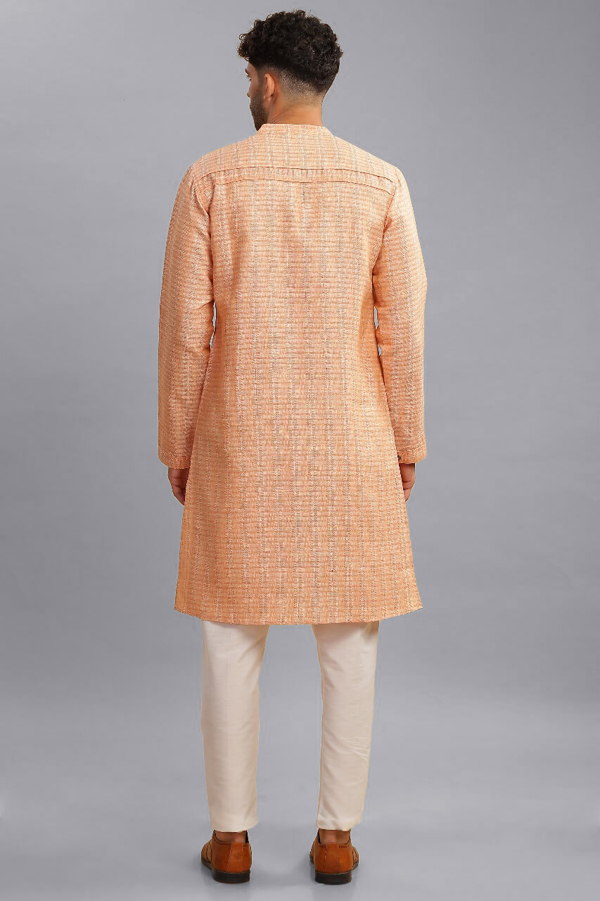Peach color poly cot jacquard weave, embroidery men long kurta - Image 6