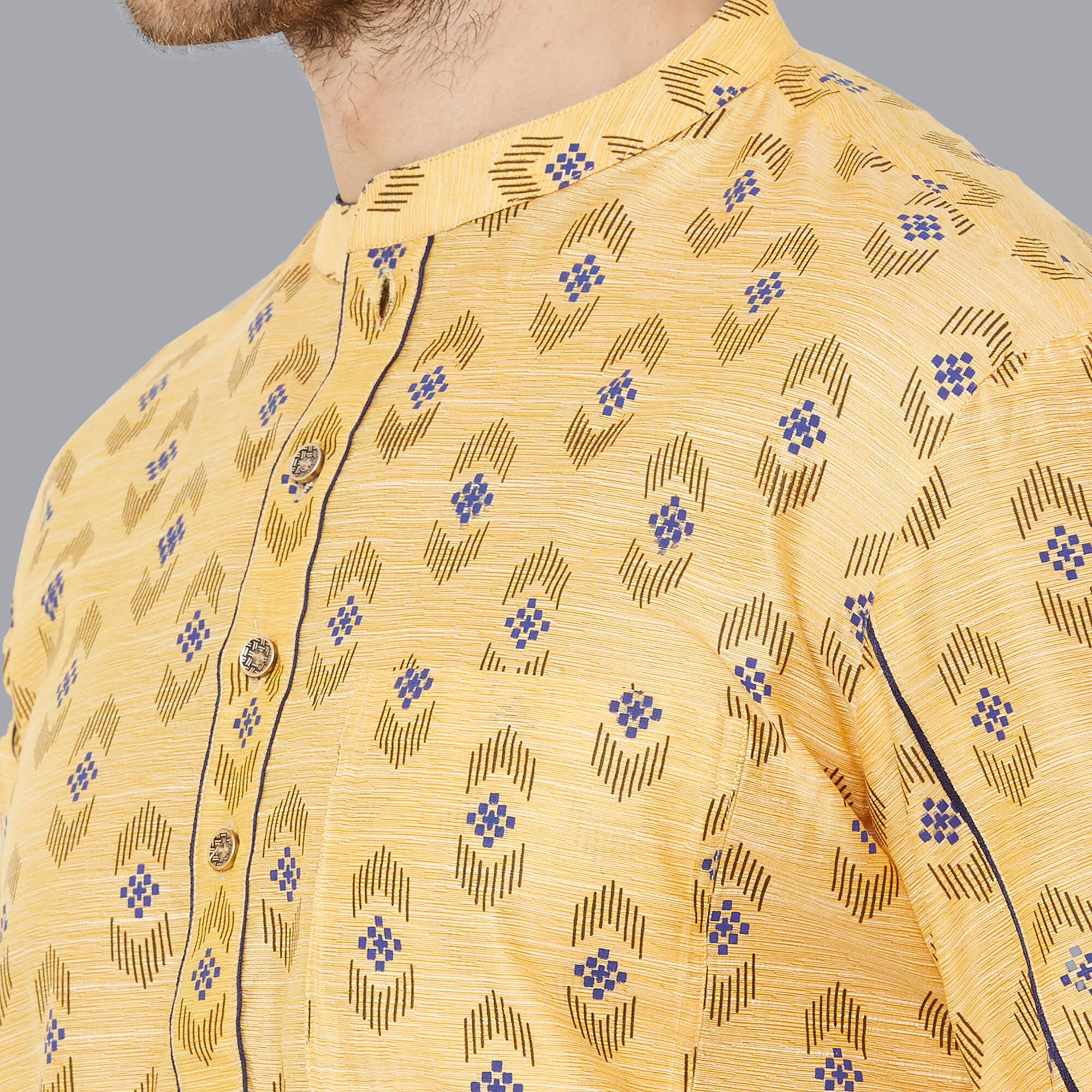 Yellow poly cotton textured with hand block printed short kurta - Image 5
