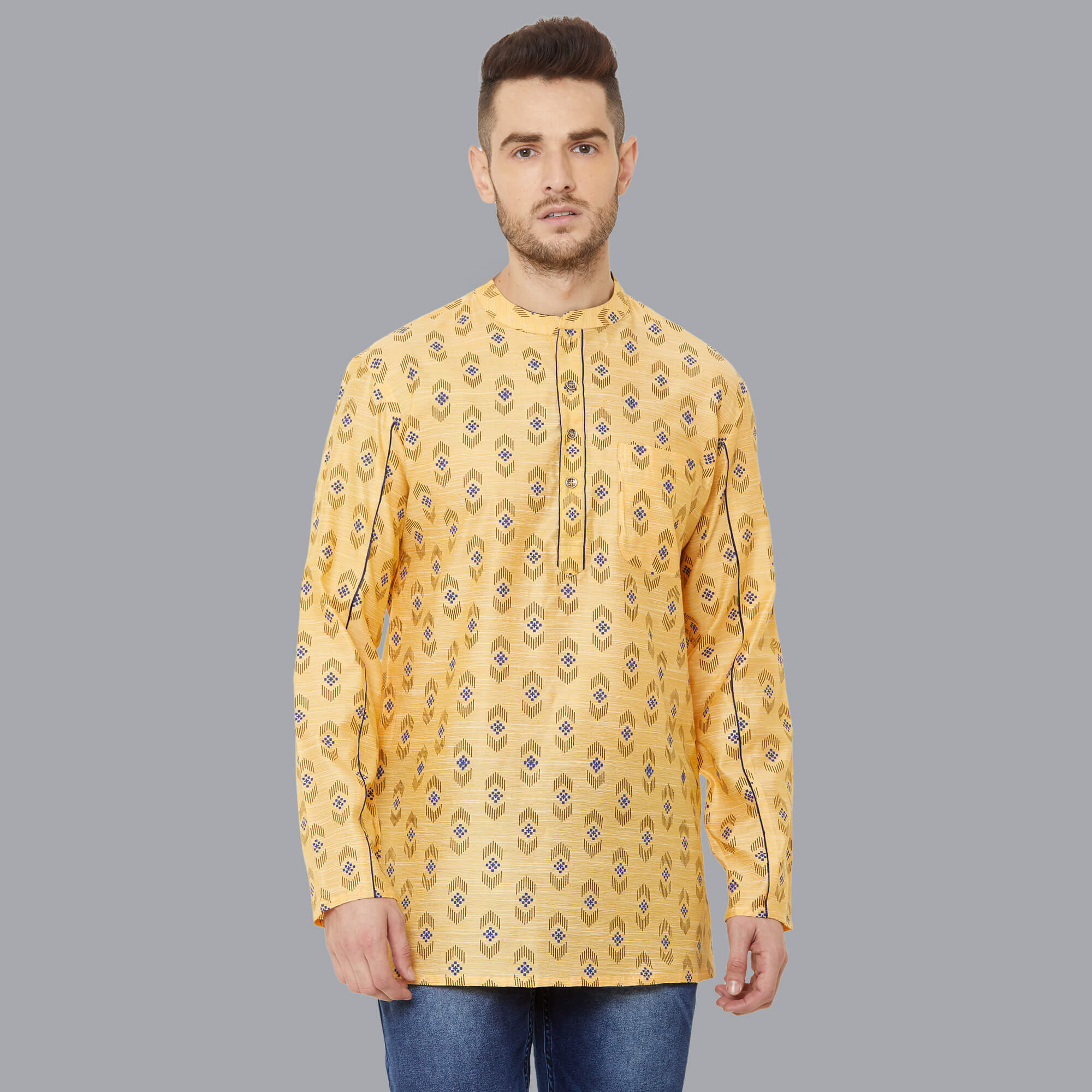 Yellow poly cotton textured with hand block printed short kurta - Image 2