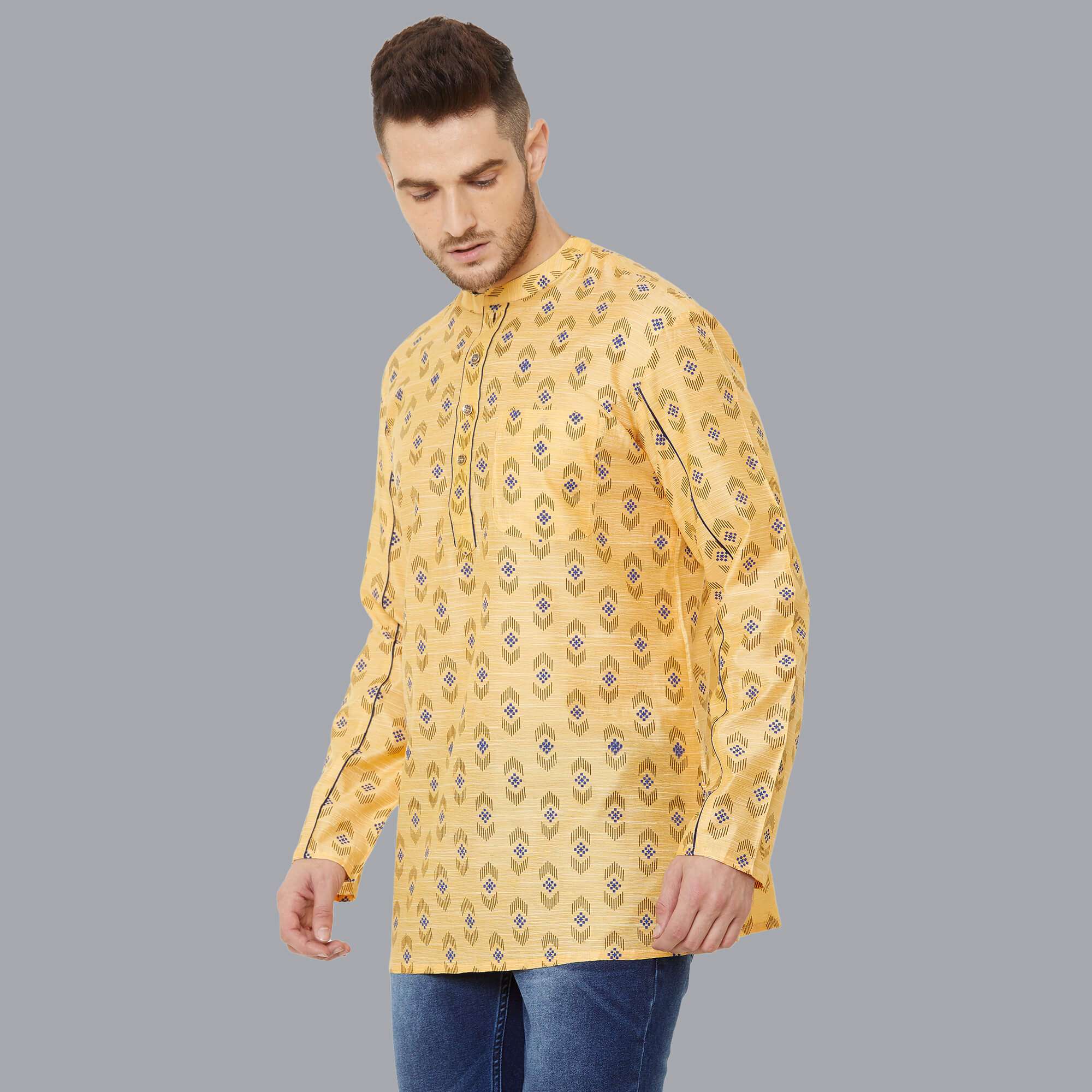 Yellow poly cotton textured with hand block printed short kurta