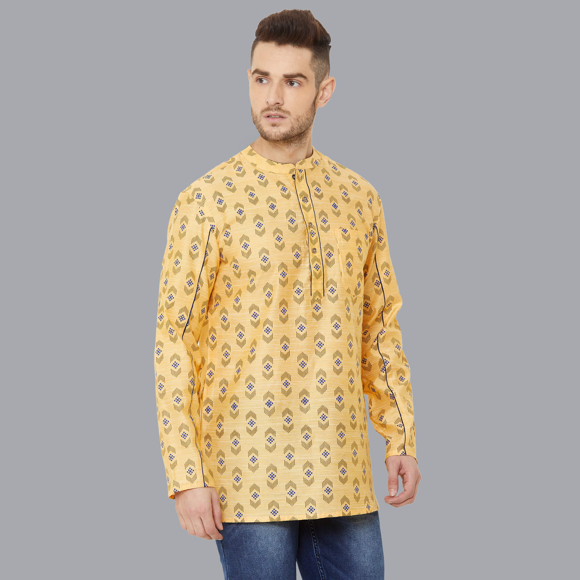 Yellow poly cotton textured with hand block printed short kurta - Image 3