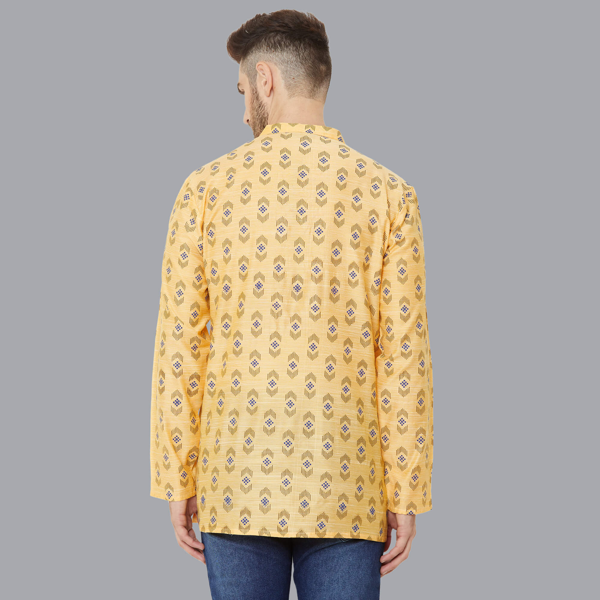 Yellow poly cotton textured with hand block printed short kurta - Image 4