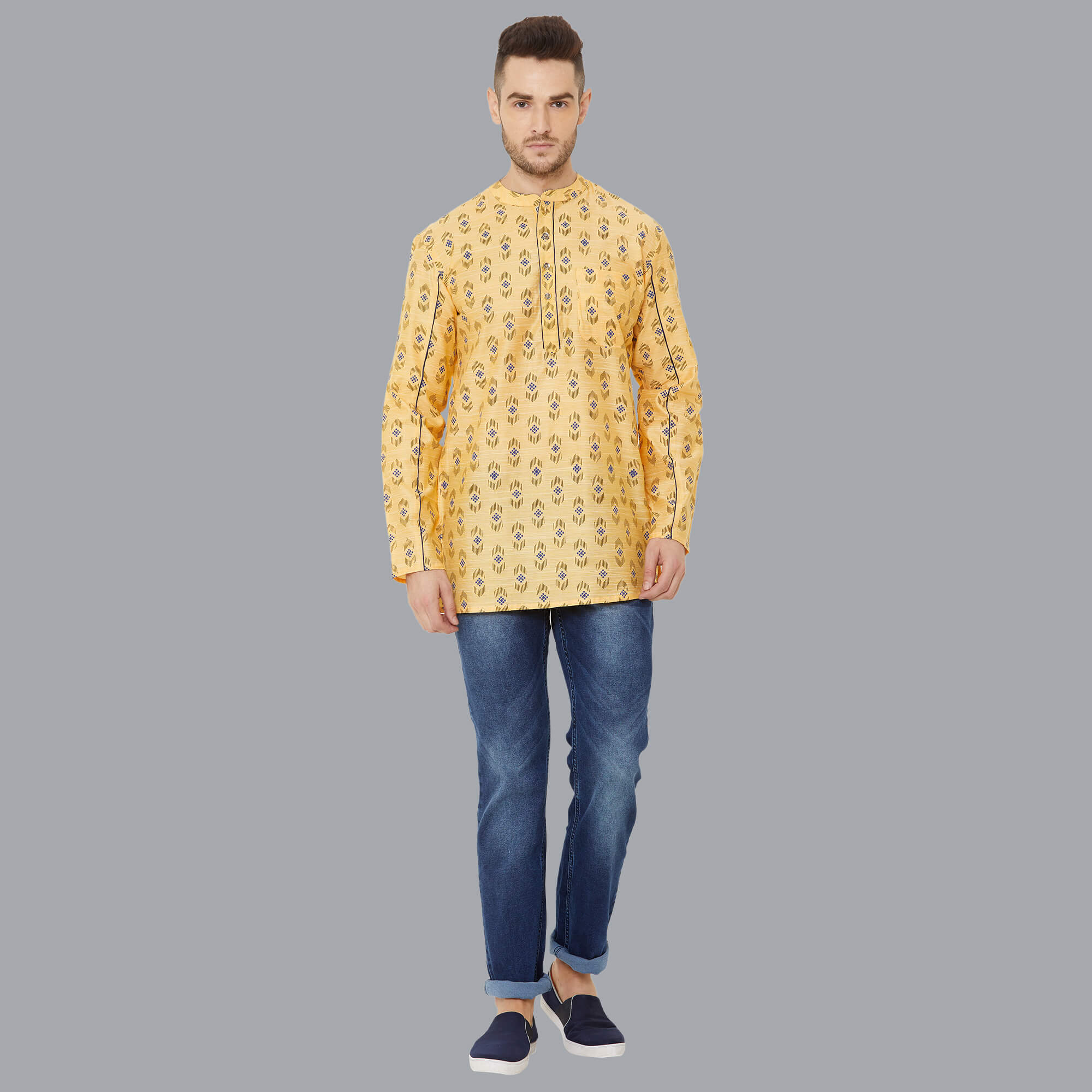 Yellow poly cotton textured with hand block printed short kurta - Image 6