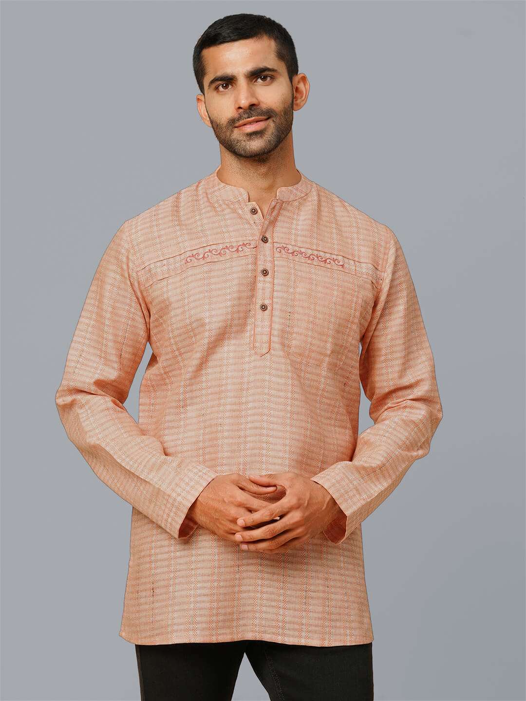 Peach color poly cotton jacquard weave embroidery men short kurta