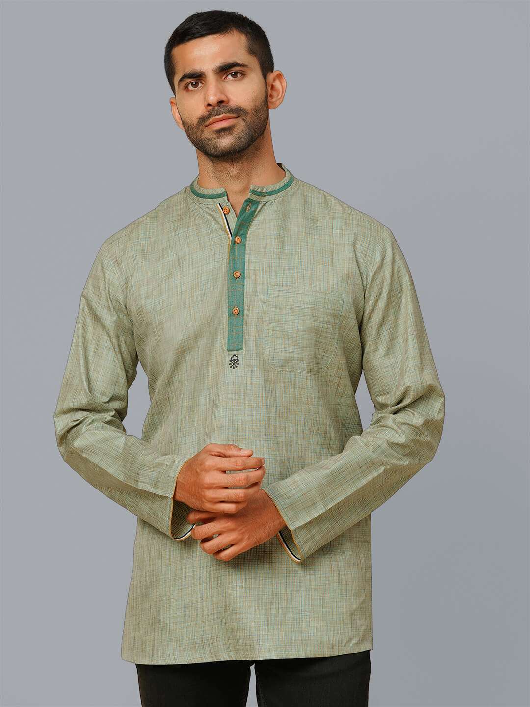 Lime yellow color poly cotton small checkered men short kurta
