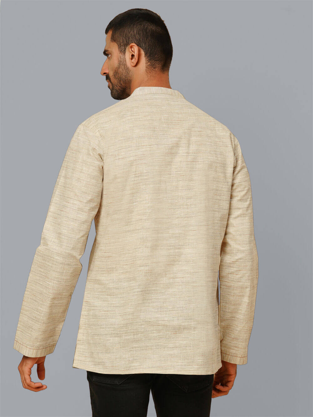 Beige color poly cotton embroidery men short kurta - Image 4